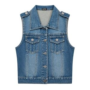 I Love Women Medium Blue Denim Vest Button Front Sleeveless Jacket